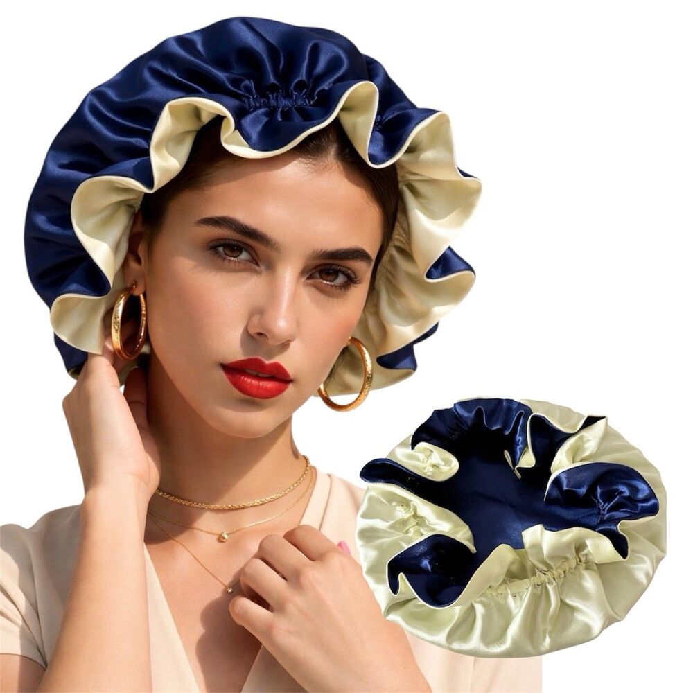 Reversible Satin Sleep Bonnet Hat – Navy & Yellow – Extra Large, Elastic Fit